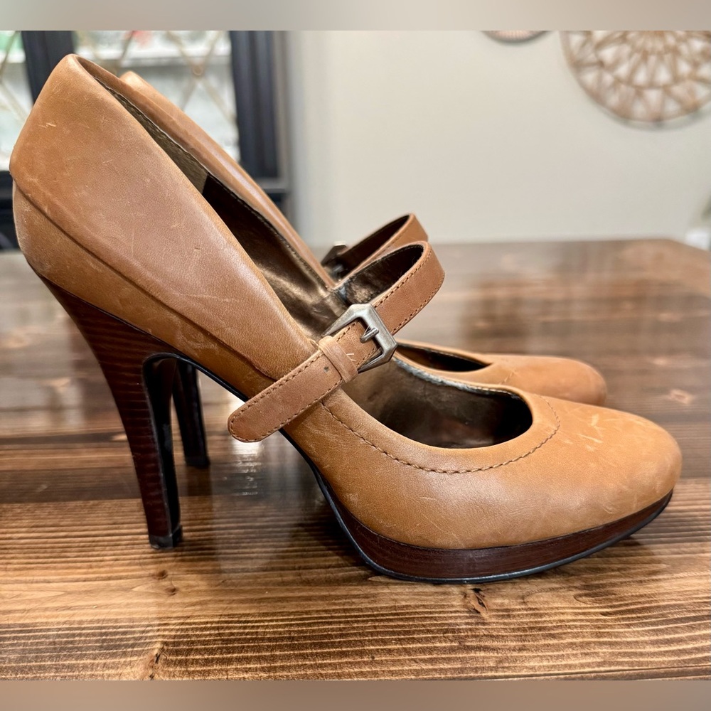 Vintage Nine West Round Toe Platform Brown Leather Mary Jane Heels Size 7.5 - Picture 4 of 9